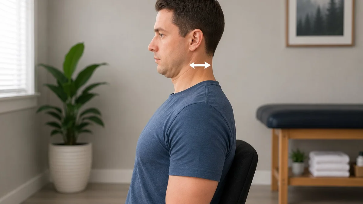 Person demonstrating a chin tuck exercise for rounded posture correction
