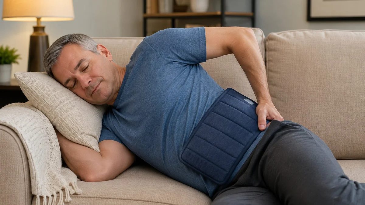 Person applying a heat pack to their lower back for low back pain relief