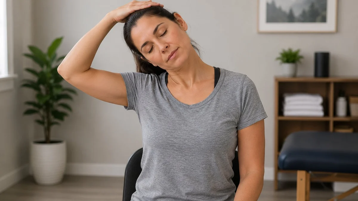 Person performing a gentle neck stretch to relieve neck pain and tension