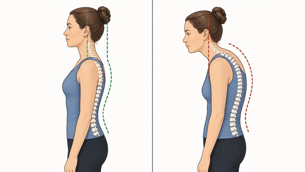 Diagram comparing correct posture versus rounded posture and forward head position