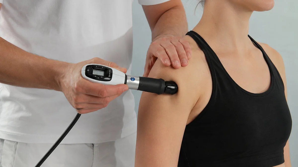 Chiropractic physician applying shockwave therapy to a patient's shoulder for frozen shoulder treatment