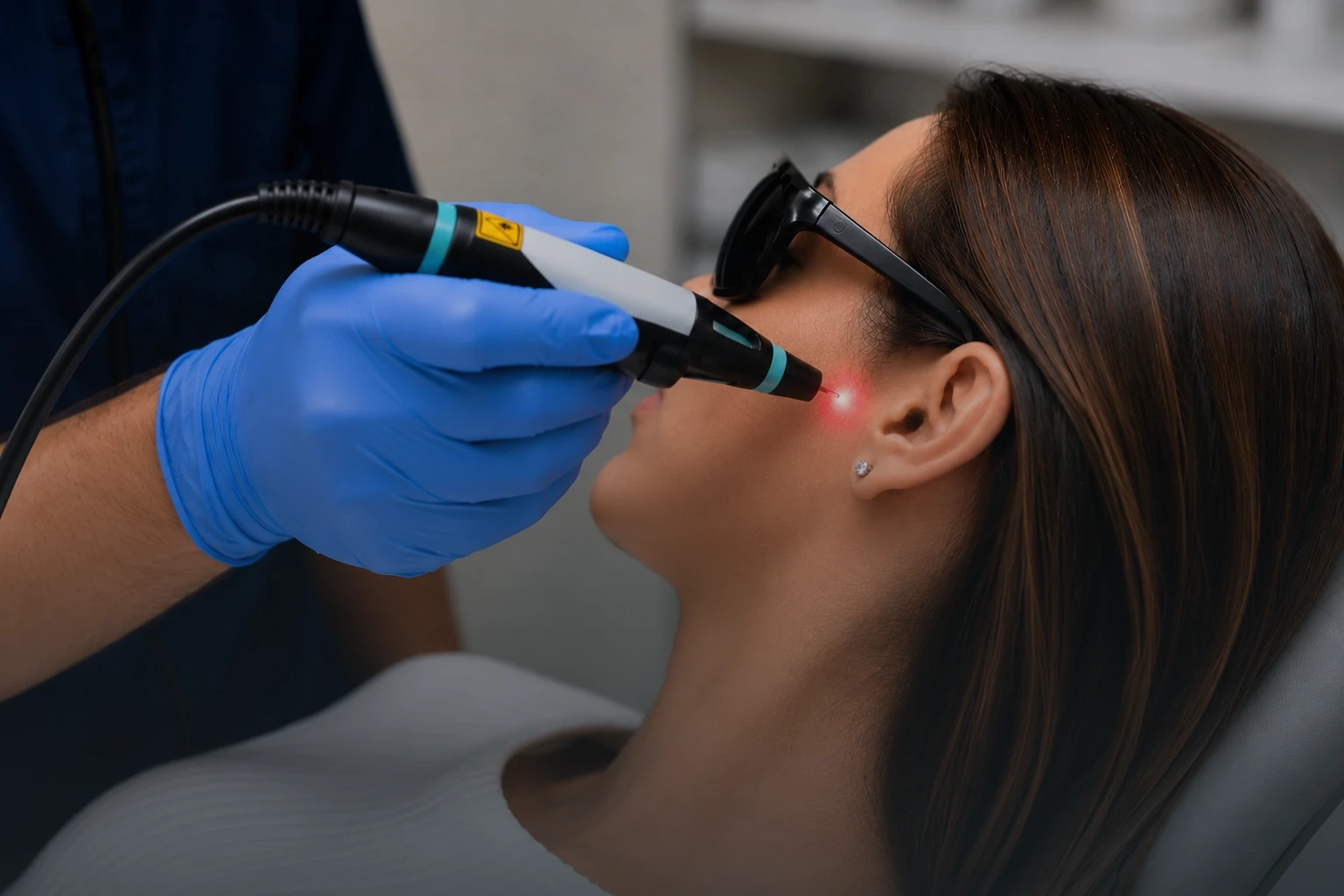 Chiropractic physician applying Class IV laser therapy near a patient's jaw for TMJ treatment
