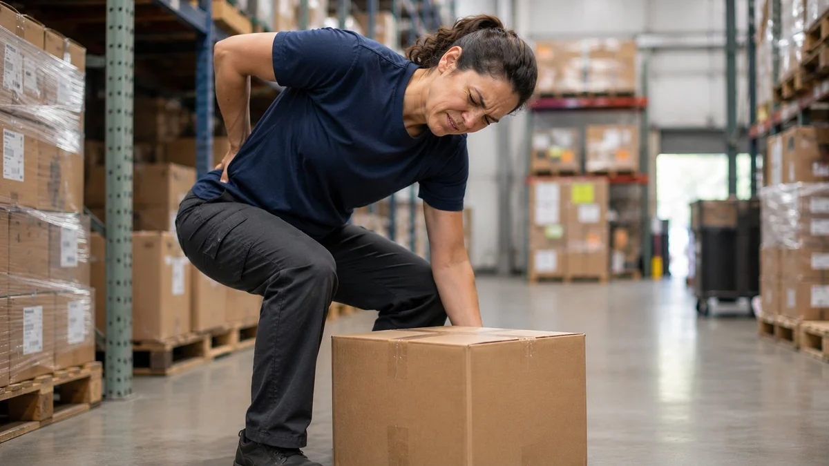 Warehouse worker holding her lower back after a lifting injury